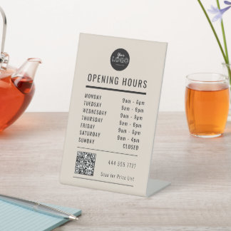 Business Opening Hours Black on Beige Logo QR Code Sockelschild