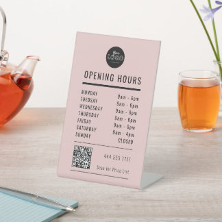 Business Opening Hours Black on Pink Logo QR Code Sockelschild