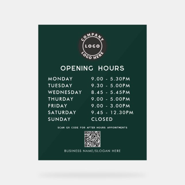 Business QR Code Logo Modern Opening Hours Acrylschild (Vorderseite)