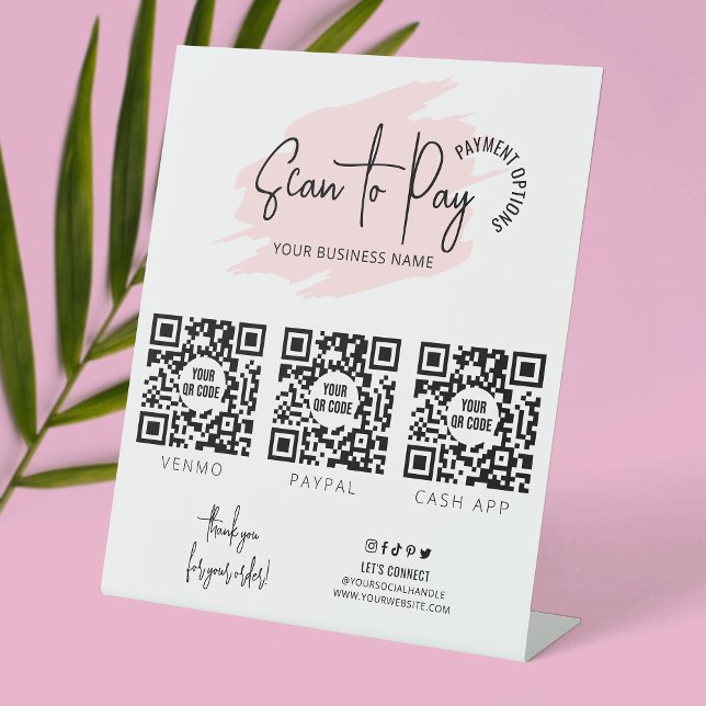 Business Scan zu bezahlen 3 QR Codes Rosa Wasserfa Sockelschild (Light pink watercolor contactless payment sign design with space for 3 QR codes)