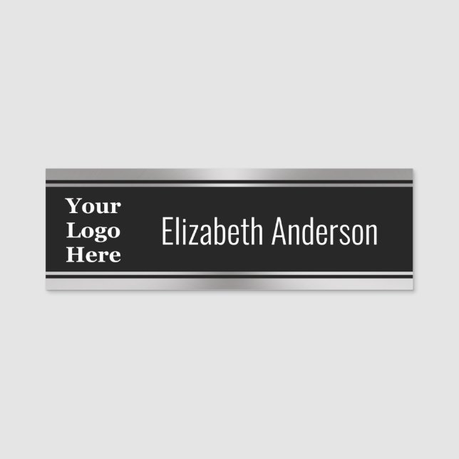 Business Schwarz-weiß und Silver Look Your Logo Namensschild (Vorderseite)