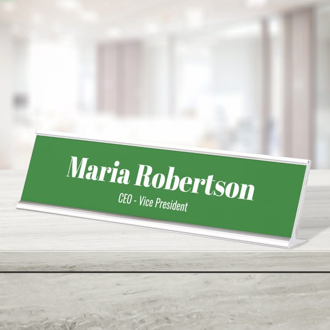 Business Simple Minimalistisch Green Schreibtischnamensplakette (Green and white custom name plate. )