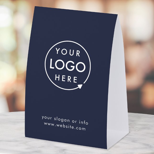 Business Tabletop Sign | Navy Logo Pedestal Sign Tischaufsteller (Navy blue company branded professional paper table tent signs for small business promotion.)