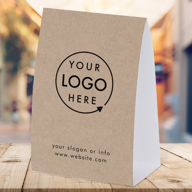 Business Tabletop Sign | Rustic Kraft Pedestal Tischaufsteller (Rustic Kraft company branded professional paper table tent signs for small business promotion.)