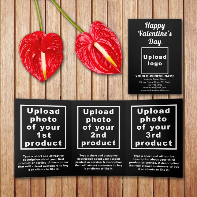 Business Valentine Black Trifold Card Dreifach Gefaltete Karte (Black Valentine trifold card with your business brand and products or services on table.)