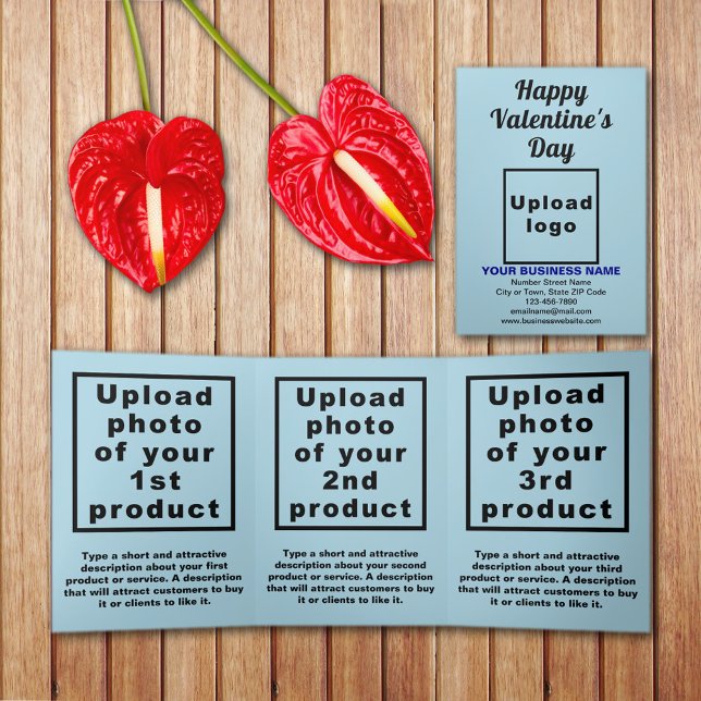 Business Valentine Light Blue Trifold Card Dreifach Gefaltete Karte (Light blue Valentine trifold card with your business brand and products or services on table.)