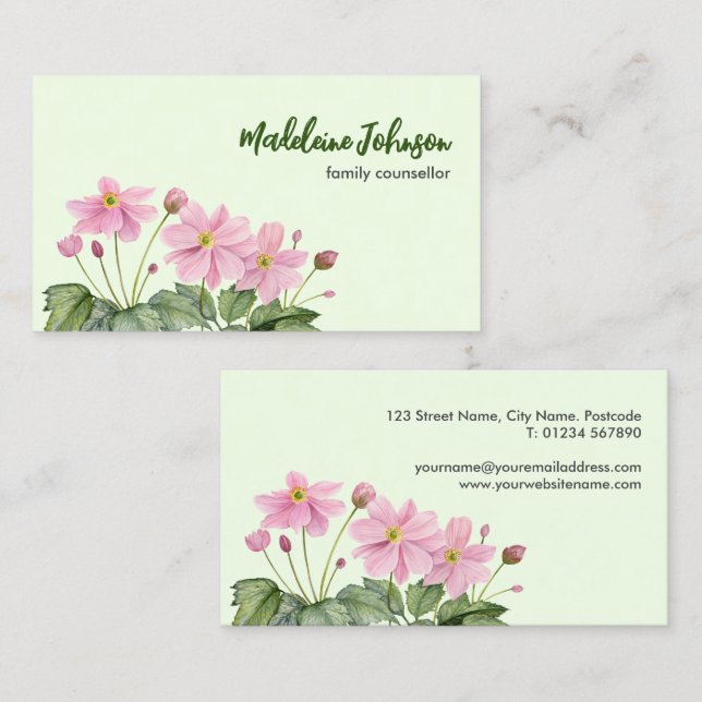 Business Watercolor Gentle Pink Japanischer Anemon Visitenkarte (Vorne/Hinten)