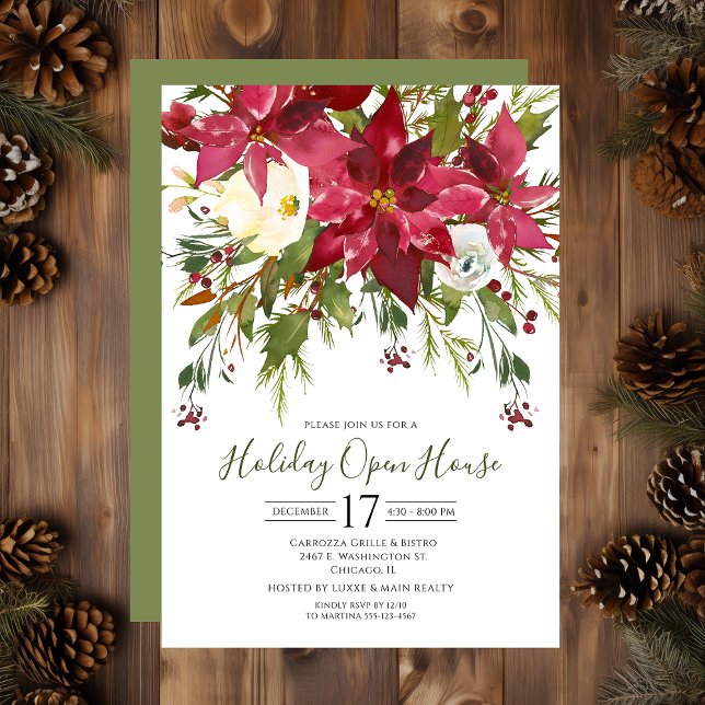 Business Watercolor Poinsettias Holiday Open House Einladung (Von Creator hochgeladen)