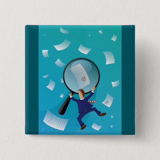 Businessman Giant Magnifying Glass Flying Papers Button (Vorderseite)