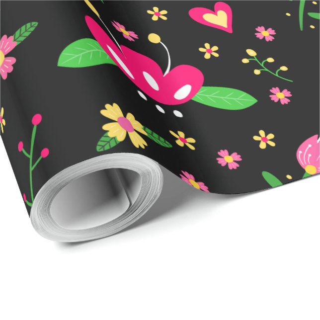 Busy Floral Pattern on Black Geschenkpapier (Rolleneckpunkt)