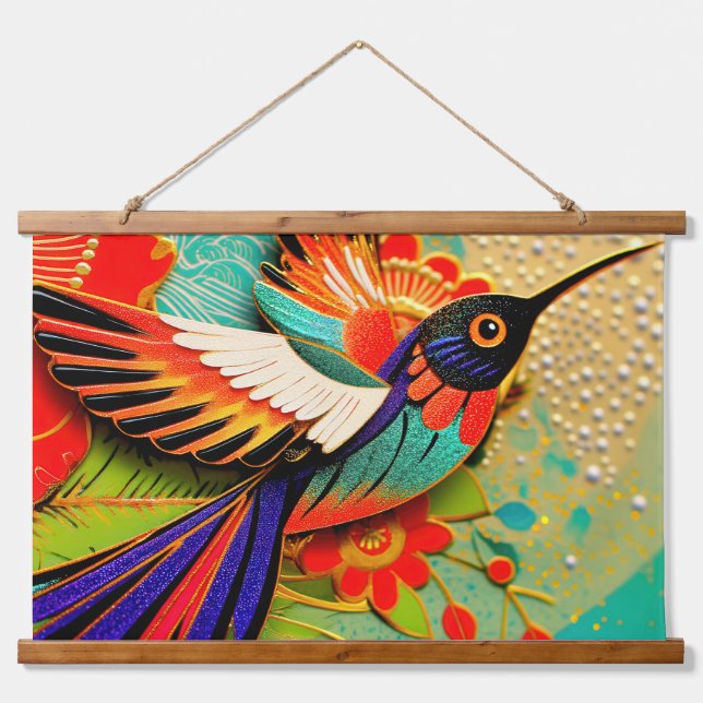 Busy Hummingbird Wandteppich Mit Holzrahmen (Vorne)