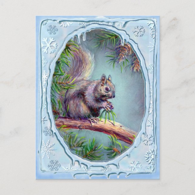 BUSY SQUIRREL & ICICLES by SHARON SHARPE Postkarte (Vorderseite)