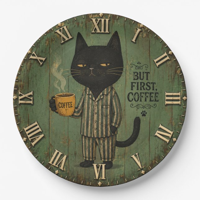 But First Coffee Black Cat Pappteller (Vorderseite)