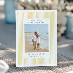 Butter | Classic Pinstripe Photo Wedding Save The Date<br><div class="desc">Announce your upcoming wedding with these elegant save the date cards by Redwood and Vine Design Co, featuring a vertical photo against a classic preppy pinstripe background in soft butter yellow and crisp white. Customize the back with additional text and a custom QR code leading to your wedding website for...</div>