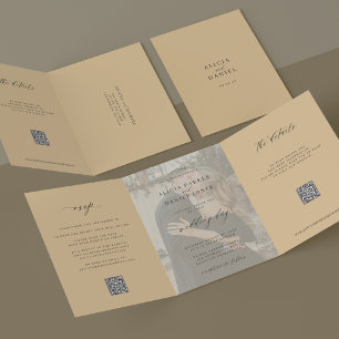 Butter gelbe Foto Hochzeit RSVP Details QR-Code Dreifach Gefaltete Einladung