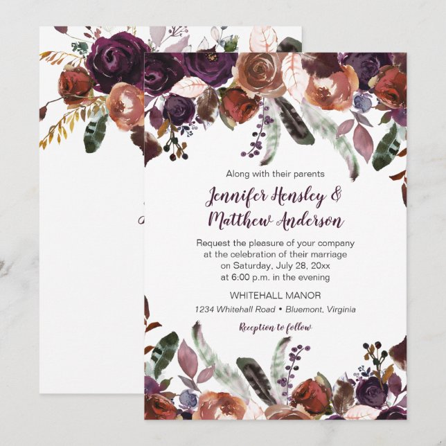 Butter Rum Eggplant Lila Rose Boho Wedding Einladung (Vorne/Hinten)