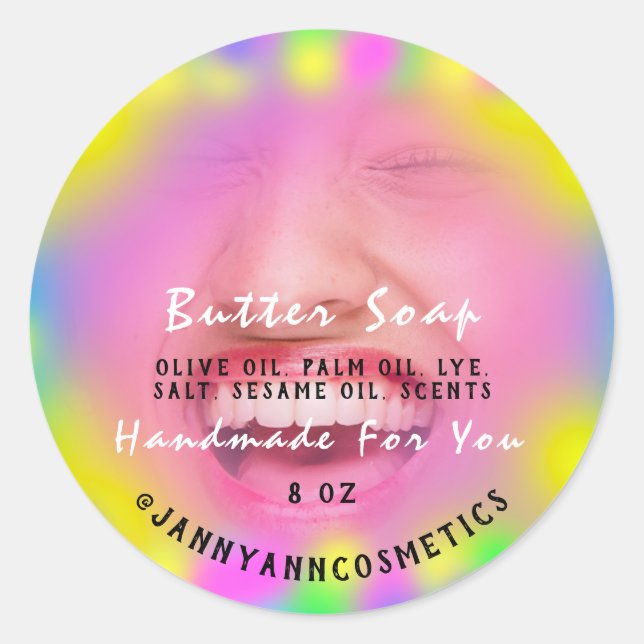 Butter Seife Kosmetik Foto Pink Holograph Lächeln Runder Aufkleber (Vorderseite)