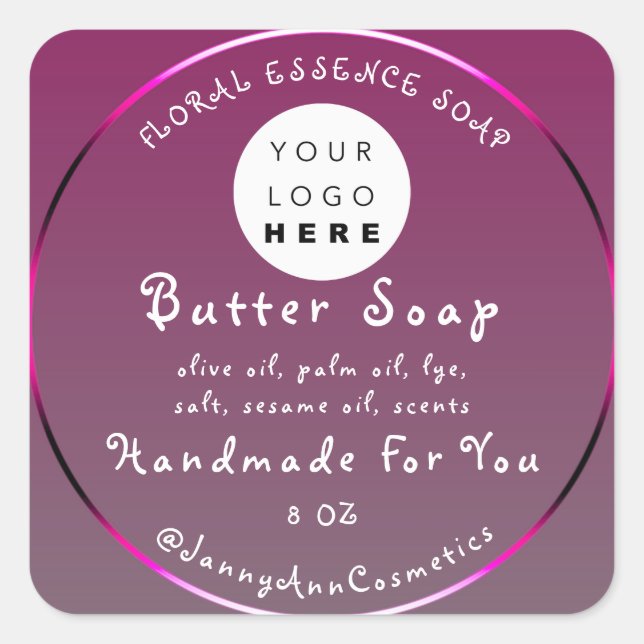 Butter Seife Kosmetik Handgemachte Logo Grau Pink Quadratischer Aufkleber (Vorderseite)