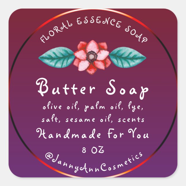 Butter Seife Kosmetik Handmade Logo Burgundy Purpl Quadratischer Aufkleber (Vorderseite)