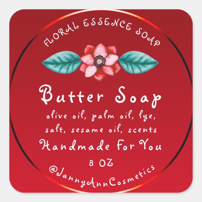 Butter Seife Kosmetik Handmade Logo Rote Blüte Quadratischer Aufkleber (Vorderseite)