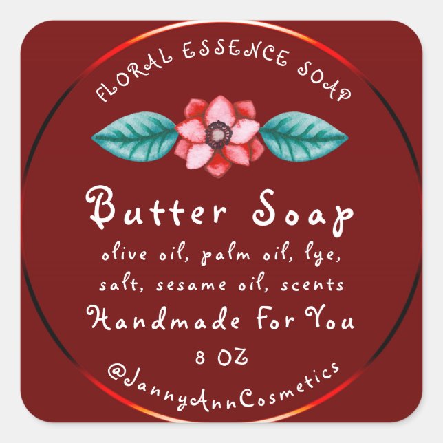 Butter Soap Kosmetik Handmade Logo BurgundyFloral Quadratischer Aufkleber (Vorderseite)