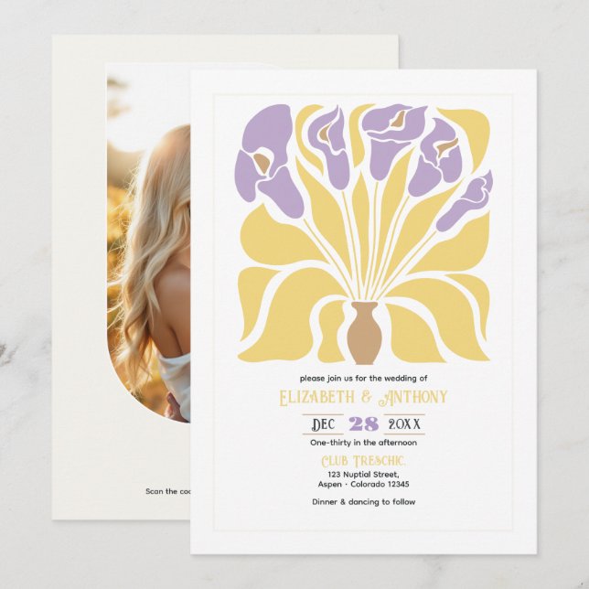 Butter & Wisteria Abstract Floral Boho Wedding Einladung (Vorne/Hinten)