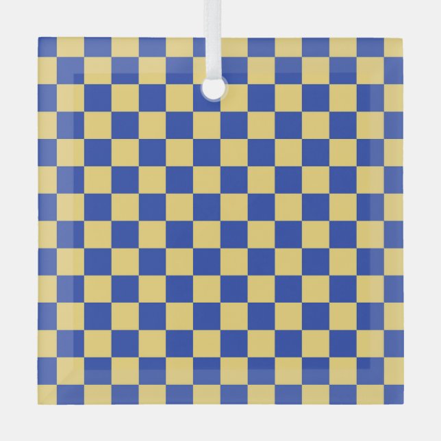 Butter yellow and blue checkered board pattern ornament aus glas (Vorderseite)