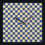 Butter yellow and blue checkered board pattern quadratische wanduhr<br><div class="desc">A checkerboard pattern with alternating yellow and blue squares. The repeating geometric design creates a vibrant,  symmetrical visual effect.</div>