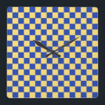 Butter yellow and blue checkered board pattern quadratische wanduhr<br><div class="desc">A checkerboard pattern with alternating yellow and blue squares. The repeating geometric design creates a vibrant,  symmetrical visual effect.</div>