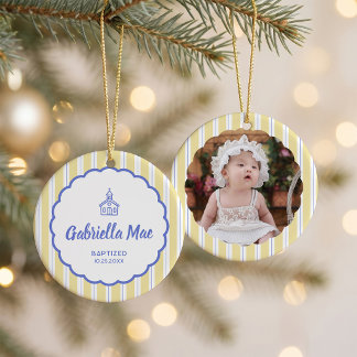 Butter Yellow & Blue Striped Baptism Photo Keramik Ornament