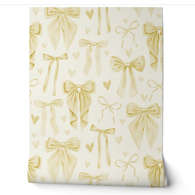 Butter Yellow Bows and Hearts on Cream Tapete (Abrollen)