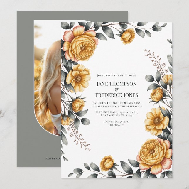 Butter Yellow & Dove Gray Botanical Floral Wedding Einladung (Vorne/Hinten)