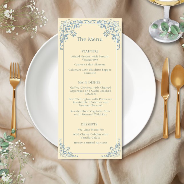Butter Yellow Dusty Blue Elegante Wedding Menu Menükarte (Elegant butter yellow and dusty blue vintage old money shabby chic coastal wedding event menu)