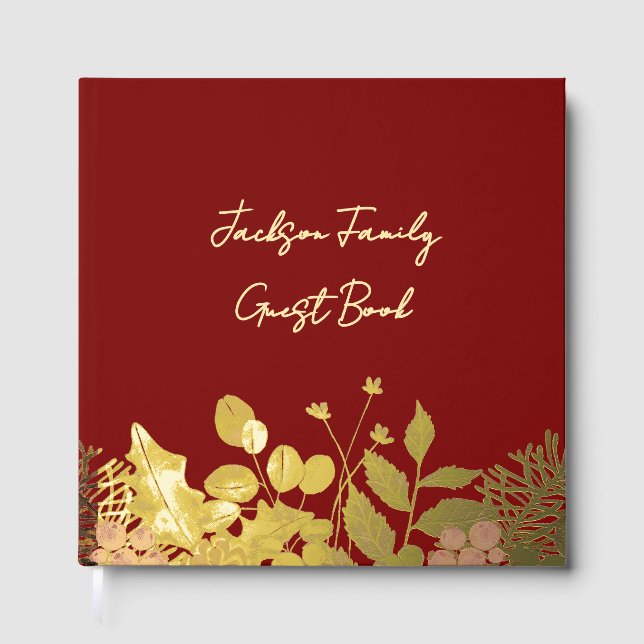 Butter Yellow, Gold & Deep Red Floral Christmas Gästebuch (Vorderseite)