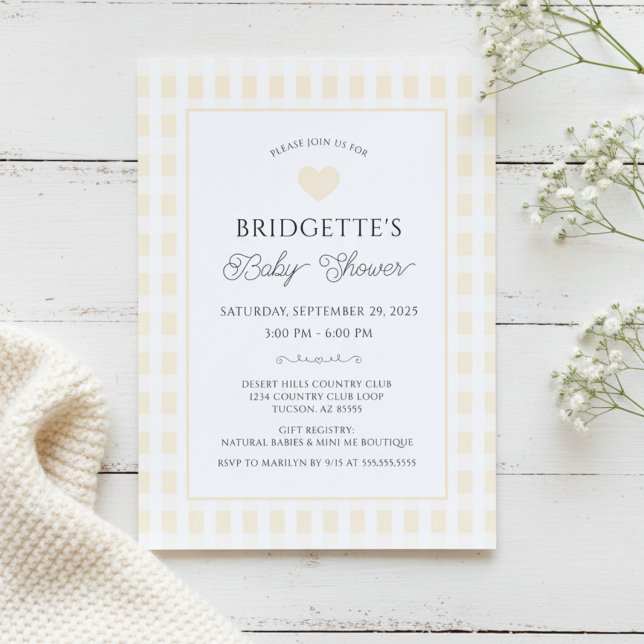 Butter Yellow Plaid Baby Shower Chic Einladung (chic yellow and white preppy plaid baby shower invitation with heart elegant script typography)