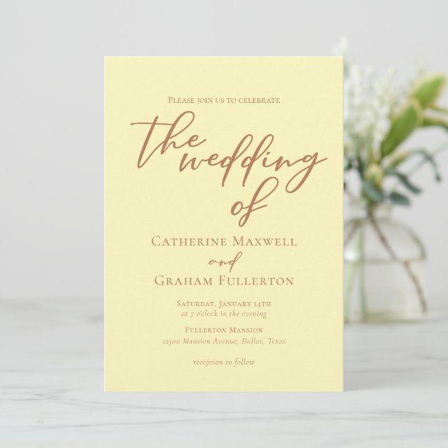 Butter Yellow Typography Minimalist Wedding Einladung (Stehend Vorderseite)