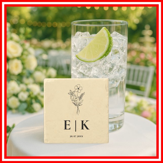 Butter Yellow Wildflower Monogram Wedding Steinuntersetzer (Von Creator hochgeladen)