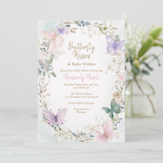 Butterbaby Pink Schmetterlinge Babydusche Einladung (Stehend Vorderseite)