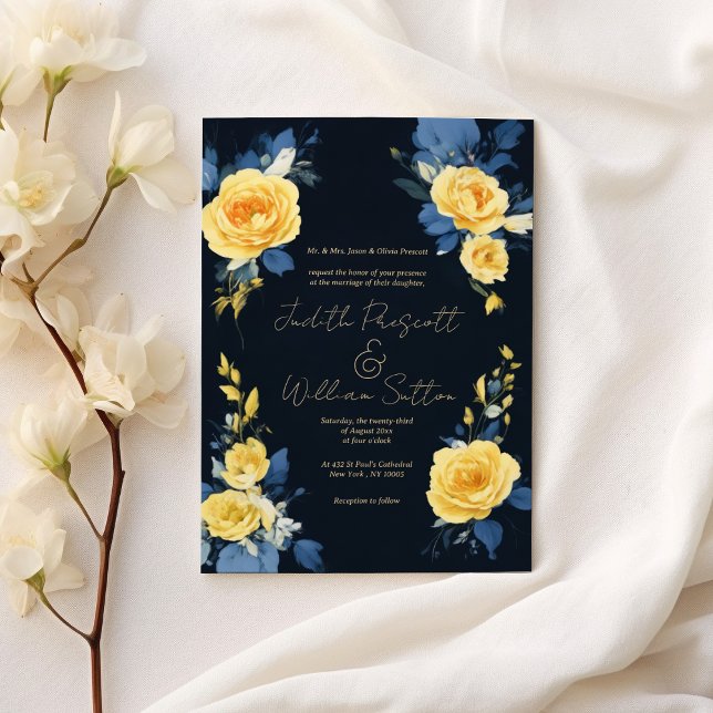Buttercup-Hochzeit der gelben Marine Einladung (Buttercup yellow navy blue boho floral Wedding)
