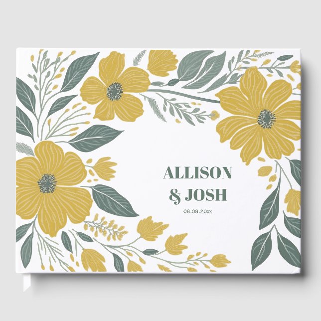 Buttercup Yellow Gold Floral Moderne Hochzeit Gästebuch (Vorderseite)