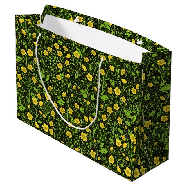 Buttercups auf schwarz große geschenktüte (Rückseite Schrägansicht)