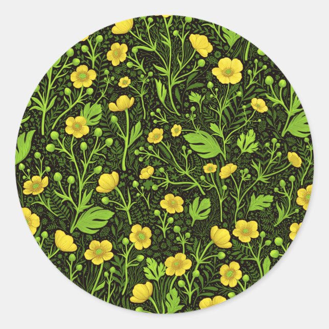 Buttercups auf schwarz runder aufkleber (Vorderseite)