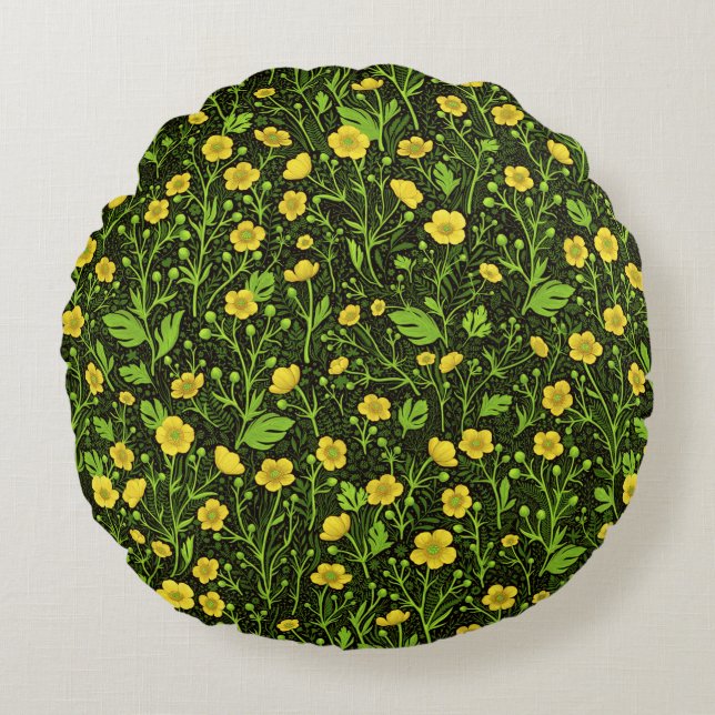 Buttercups auf schwarz rundes kissen (Vorderseite)