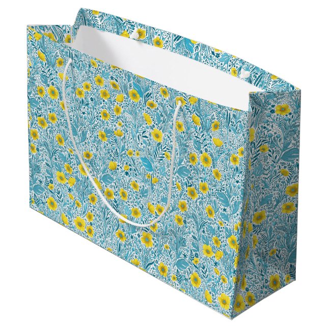 Buttercups, gelb, blau und weiß große geschenktüte (Rückseite Schrägansicht)