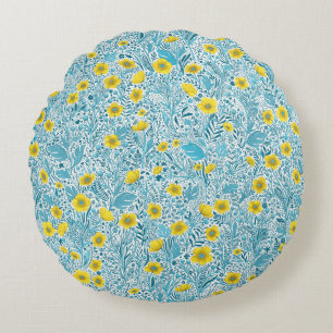 Buttercups, gelb, blau und weiß rundes kissen