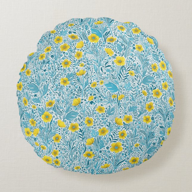 Buttercups, gelb, blau und weiß rundes kissen (Vorderseite)