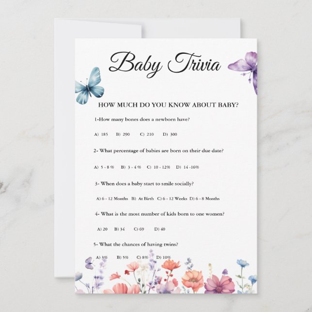 Butterfets Baby trivia Baby Duschspielkarte Einladung (Vorderseite)