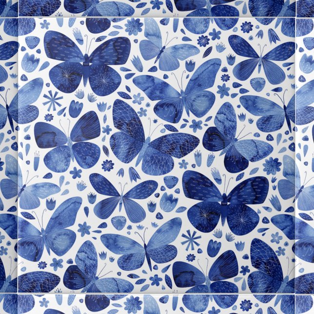 Butterfisch Watercolor Blue Fliese (Indigo blue and white watercolor butterfly pattern art ceramic tile)