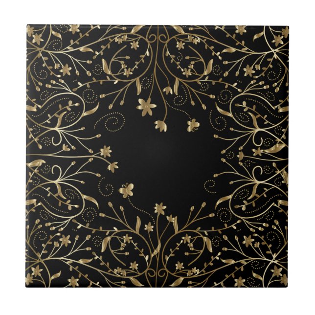 Butterfische Blume Gold Schwarze Keramik Tile Fliese (Vorderseite)