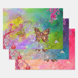 BÜTTERFLIEGEN, BLAU LILA GRÜNE GLITZERN GESCHENKPAPIER SET